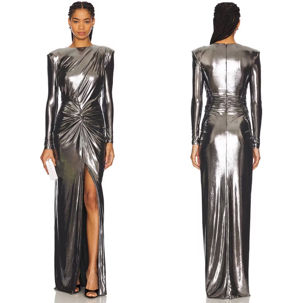 NEW NWOT Retrofete Fenella Long Sleeve Maxi Dress Gown In Gunmetal Metallic